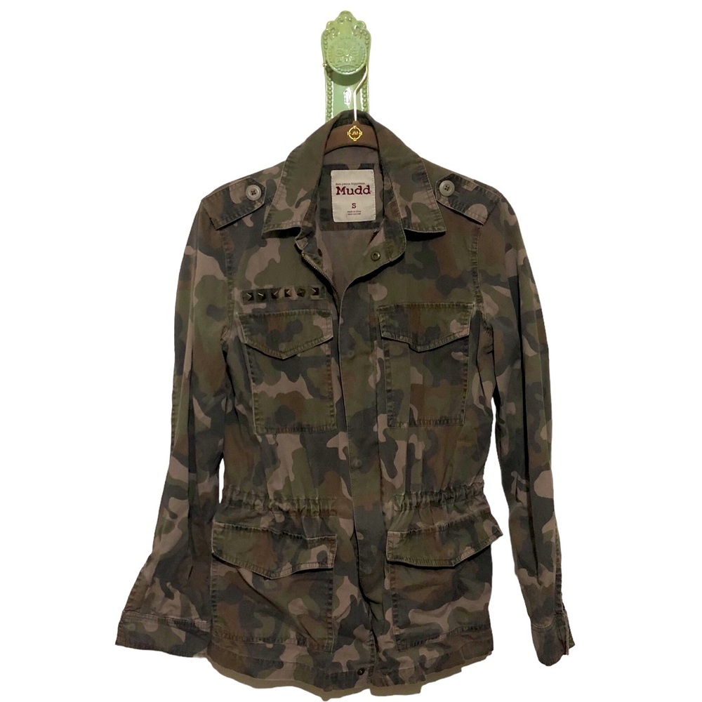 Mudd Camo Cargo Jacket Coat Studs Camouflage Drawstring Studded Khaki Green